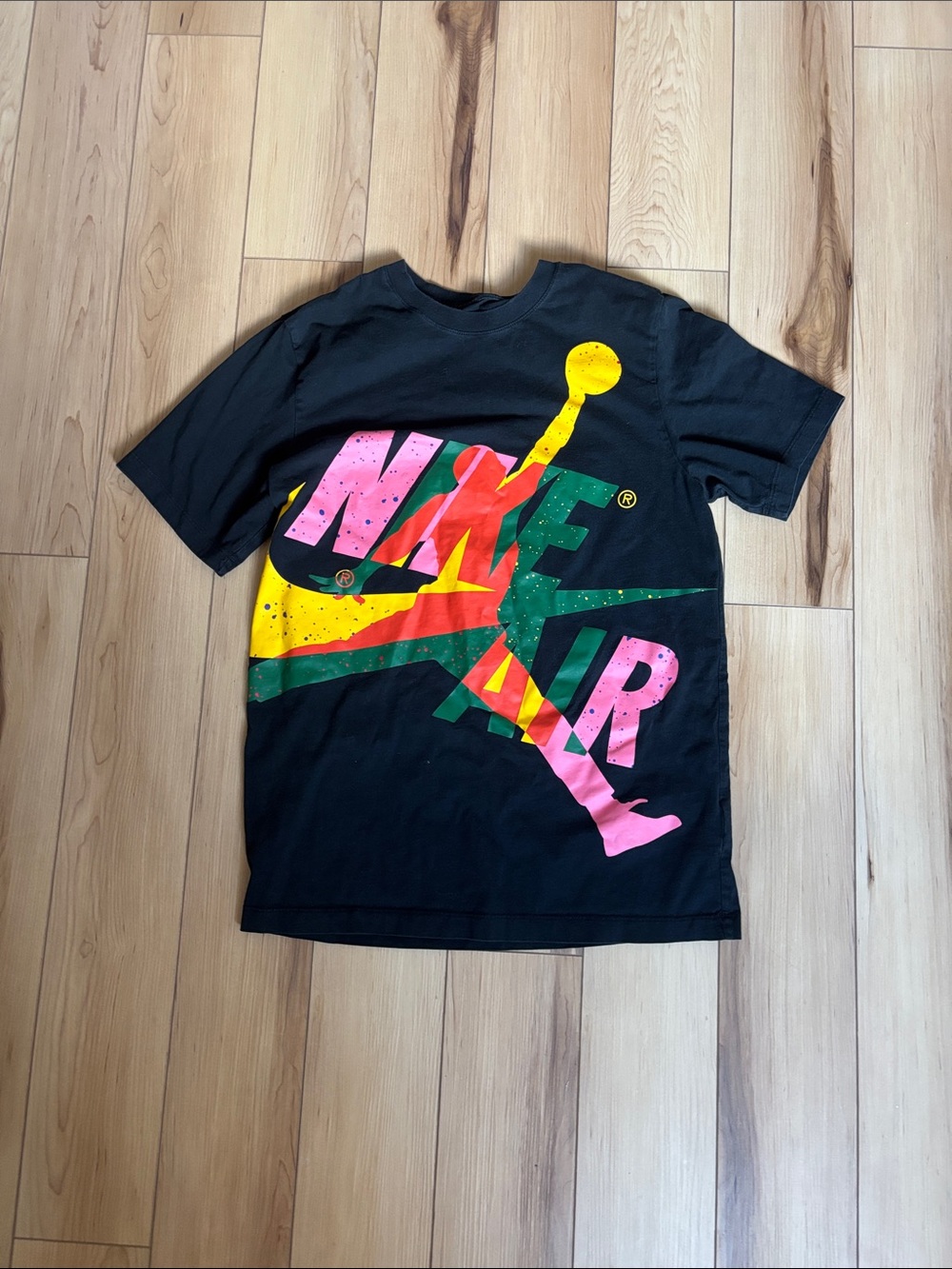 Nike Black Graphic Logo Tee with Pink, Yellow & Green Accents